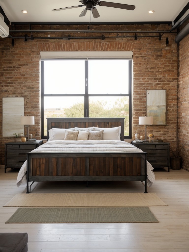 Urban Industrial Bedroom Vibes: Exposed Brick & Metal Accents!