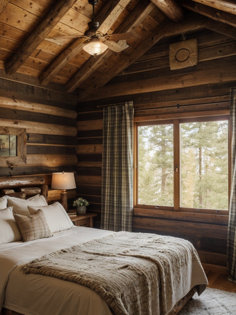 Rustic Cabin-Inspired Bedroom: Cozy and Chic Log Bed Frame and Plaid Flannel Curtains!