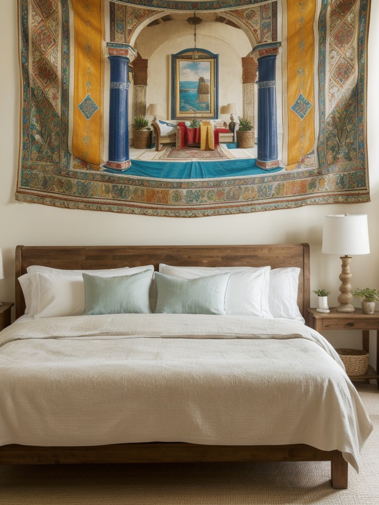 Mediterranean Vibes for Your Bedroom: Add vibrant tapestries & fabric wall hangings!