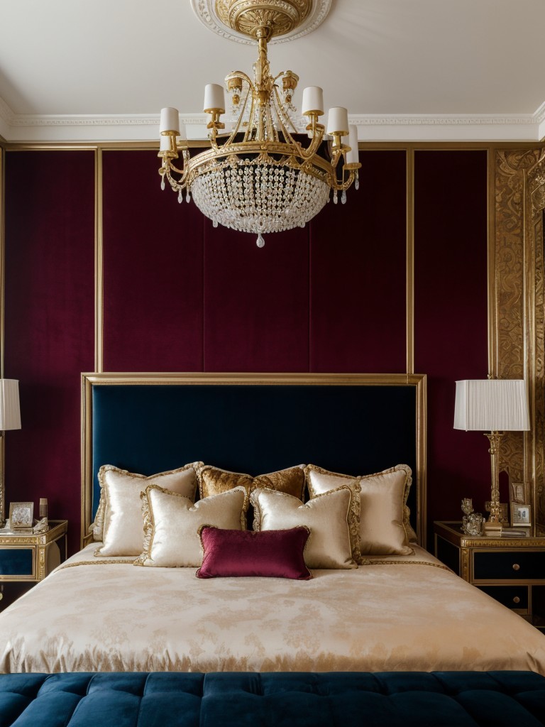 Luxury Mediterranean Bedroom inspo: Velvet bed, opulent bedding & jewel tones!