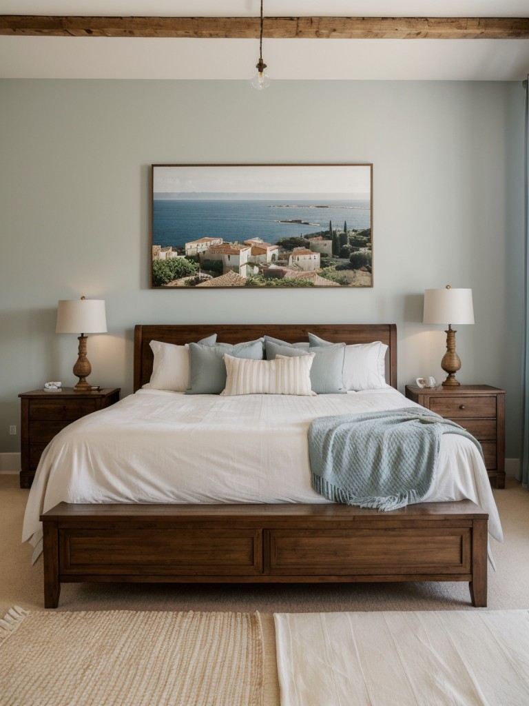 Dreamy Mediterranean Bedroom Decor with Coastal Art for a Cozy Escape