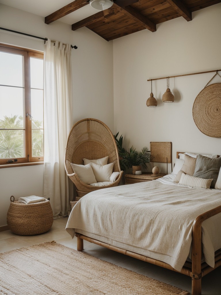 Create a cozy Mediterranean bedroom oasis with natural touches like rattan chairs and woven decor.