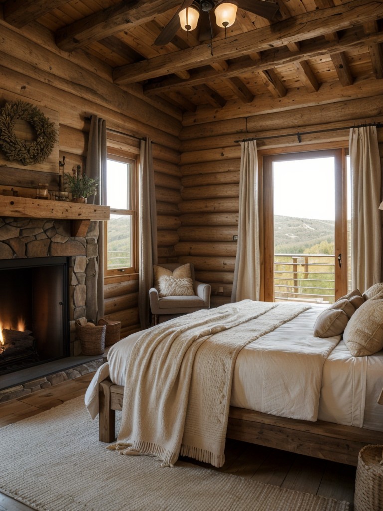 Cozy and Rustic Cabin-Inspired Bedroom: Wood, Stone, and Fireplace