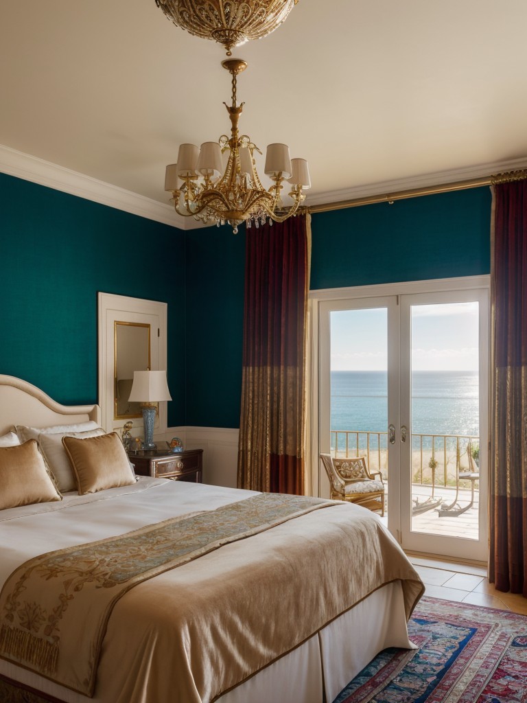 Ocean-Inspired Bedroom: Elevate your space with lavish velvet curtains in jewel tones!