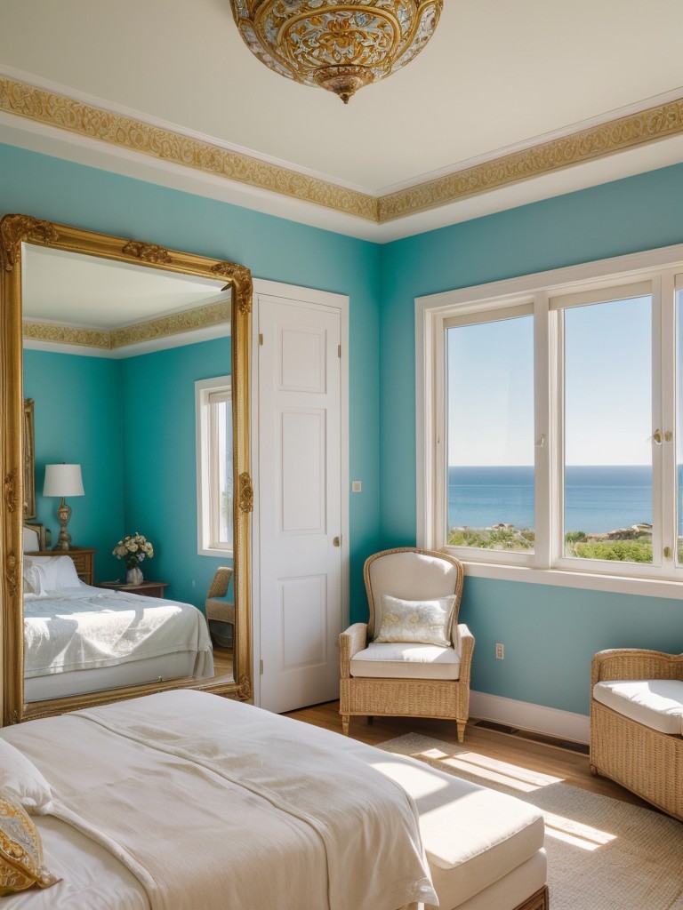 Seaside-Inspired Bedroom: Reflect Light with Ornate Mirror for Airy Vibes!