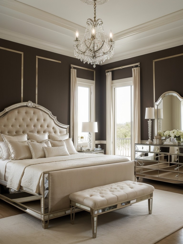 Create a Luxurious Mediterranean Bedroom with Mirrored Furniture and Crystal Chandeliers