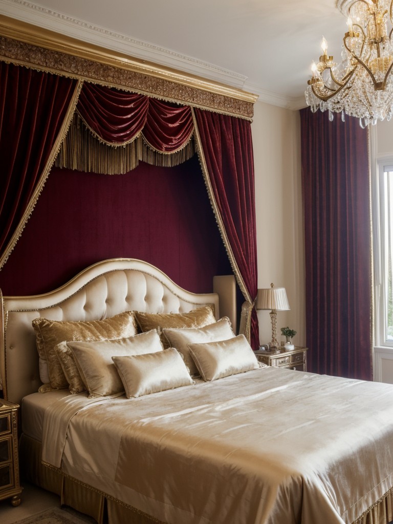 Mediterranean Bedroom Bliss: Velvet Drapes and Crystal Chandelier Delight!