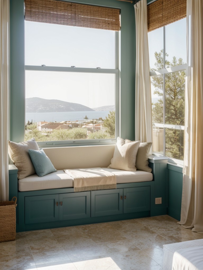 Mediterranean Bedroom Bliss: Window Seat and Flowing Curtains