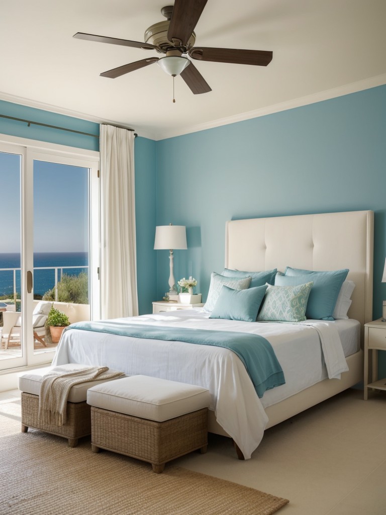 Coastal-inspired bedroom oasis with Mediterranean colors.