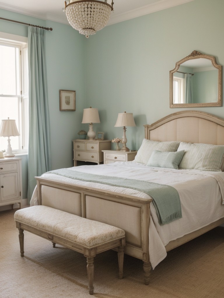 Vintage-inspired Mediterranean Bedroom Decor: Antique furniture, mismatched patterns, soft pastels