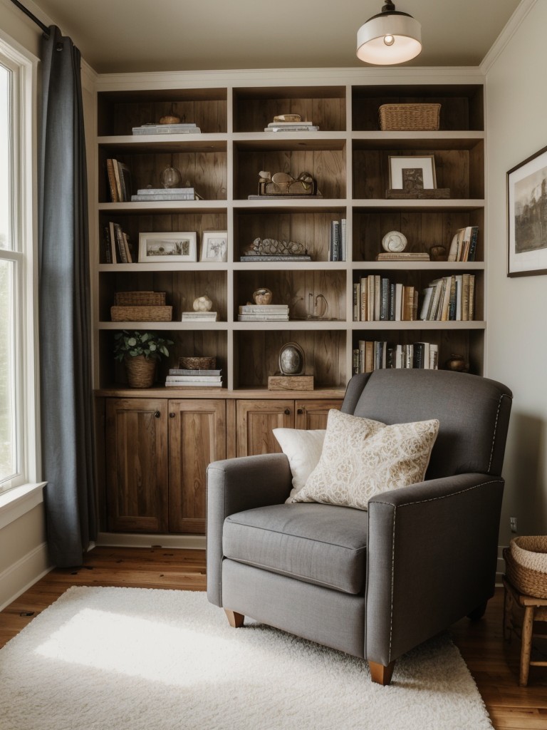 Cozy farmhouse bedroom with a reading nook and bookshelf