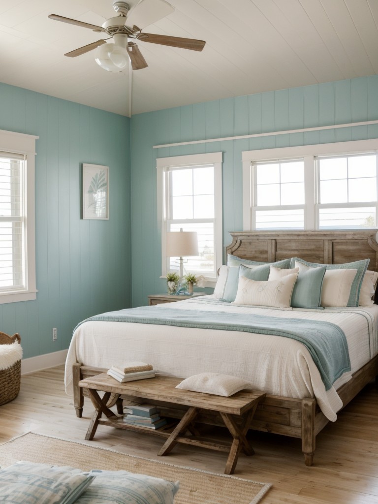 Coastal Chic Bedroom: Art Deco-inspired retreat with weathered wood and nautical vibes!