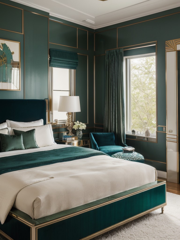 Chic Art Deco Bedroom: Elevate your space with deep blues, rich greens, and metallic accents.