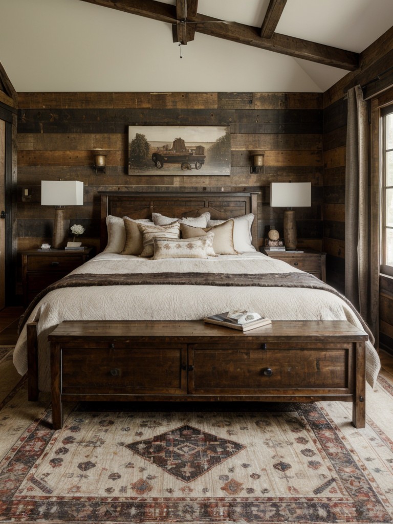 Cozy Art Deco Rustic Bedroom Ideas: Wood, Textures, and Rugs.