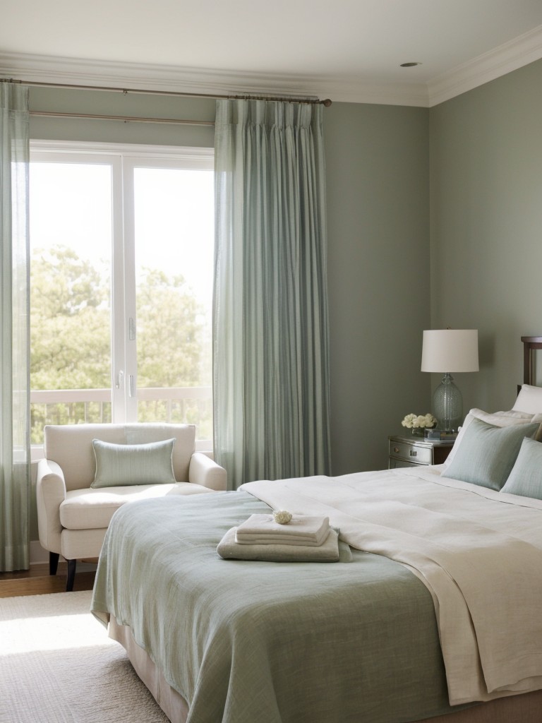 Serenity in Art Deco Bedroom: Neutral colors, linen bedding, sheer curtains for a tranquil oasis.