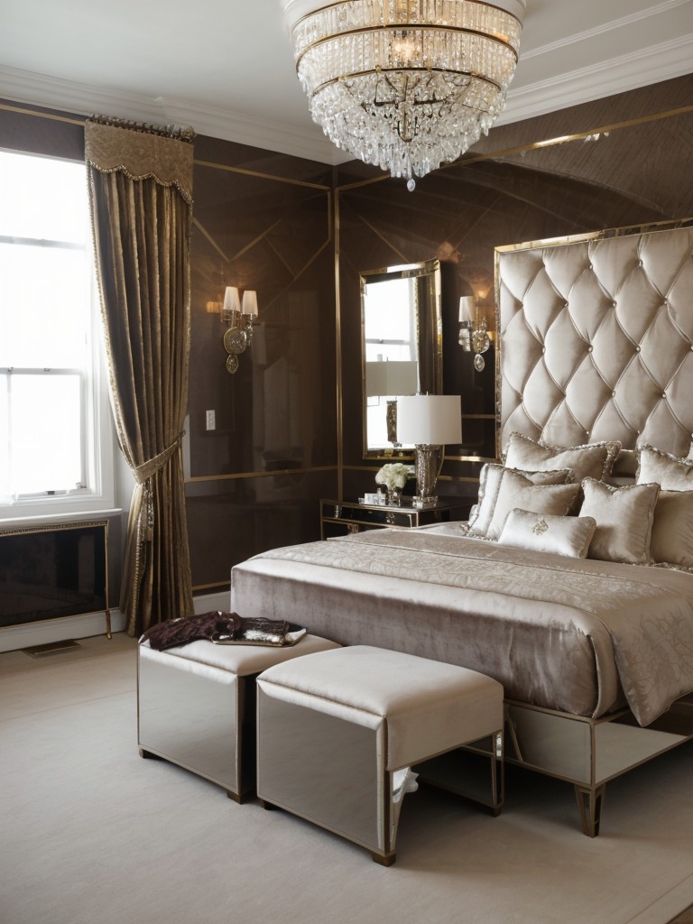 Luxurious Art Deco Bedroom: Mirrored Walls, Crystal Chandeliers & Velvet Upholstery