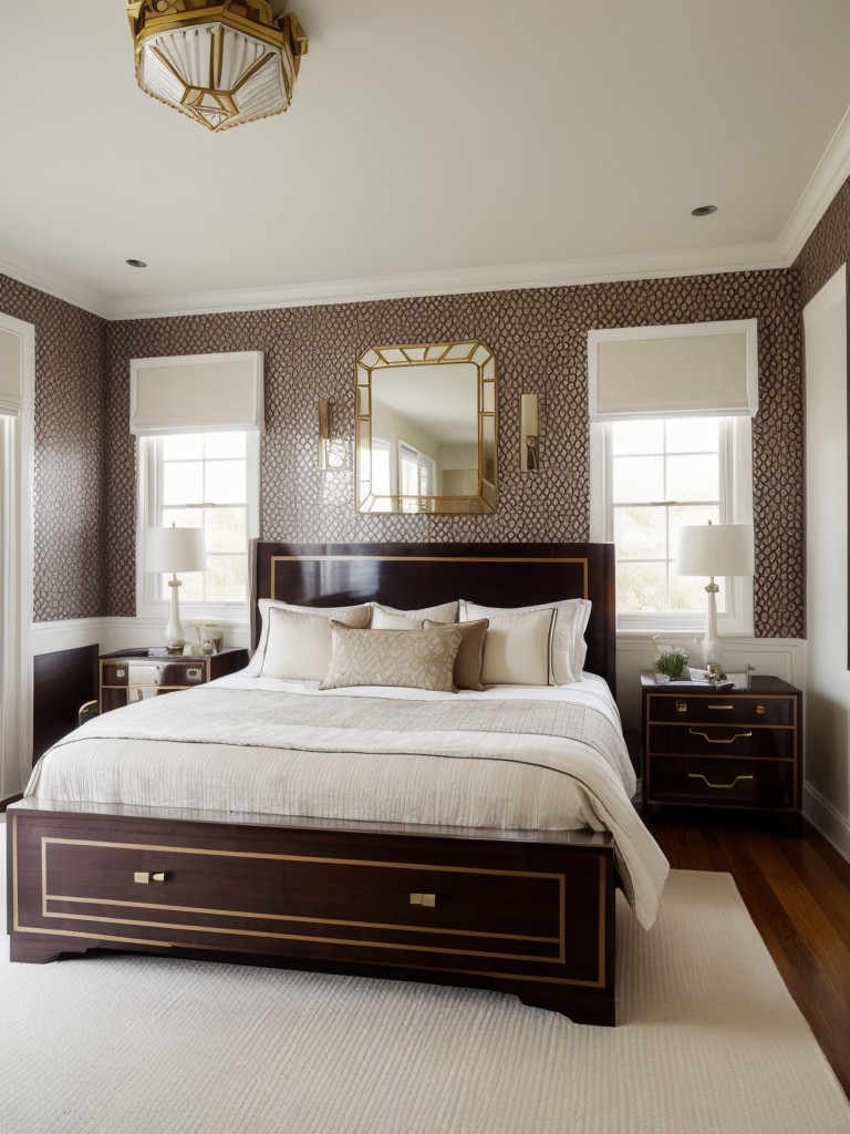 Stunning Art Deco Bedroom: Get Inspired with Geometric Wallpaper!