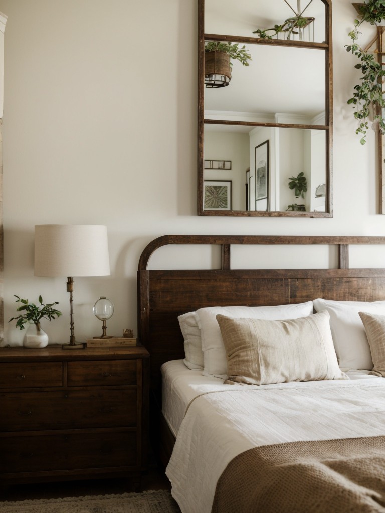 Vintage farmhouse-inspired bedroom decor ideas: Botanical prints, antique mirrors, and rustic signs