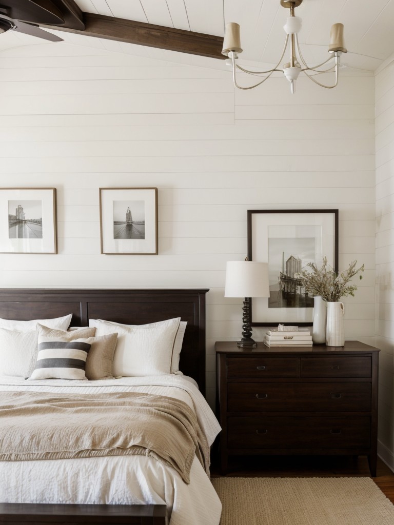 Farmhouse-inspired shiplap accent wall for a sleek bedroom look