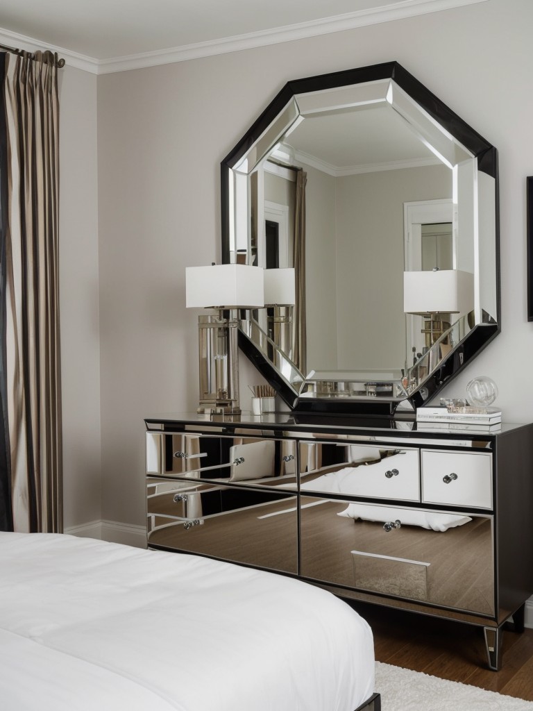 Art Deco Bedroom Makeover: Sleek furniture and mirrored accents for a glamorous touch!