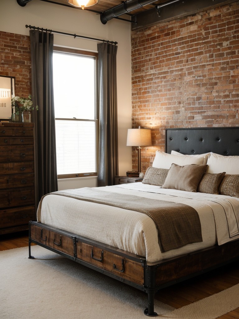 Bring Art Deco Vibes to Your Bedroom: Exposed Brick, Metal Frames & Vintage Lighting!