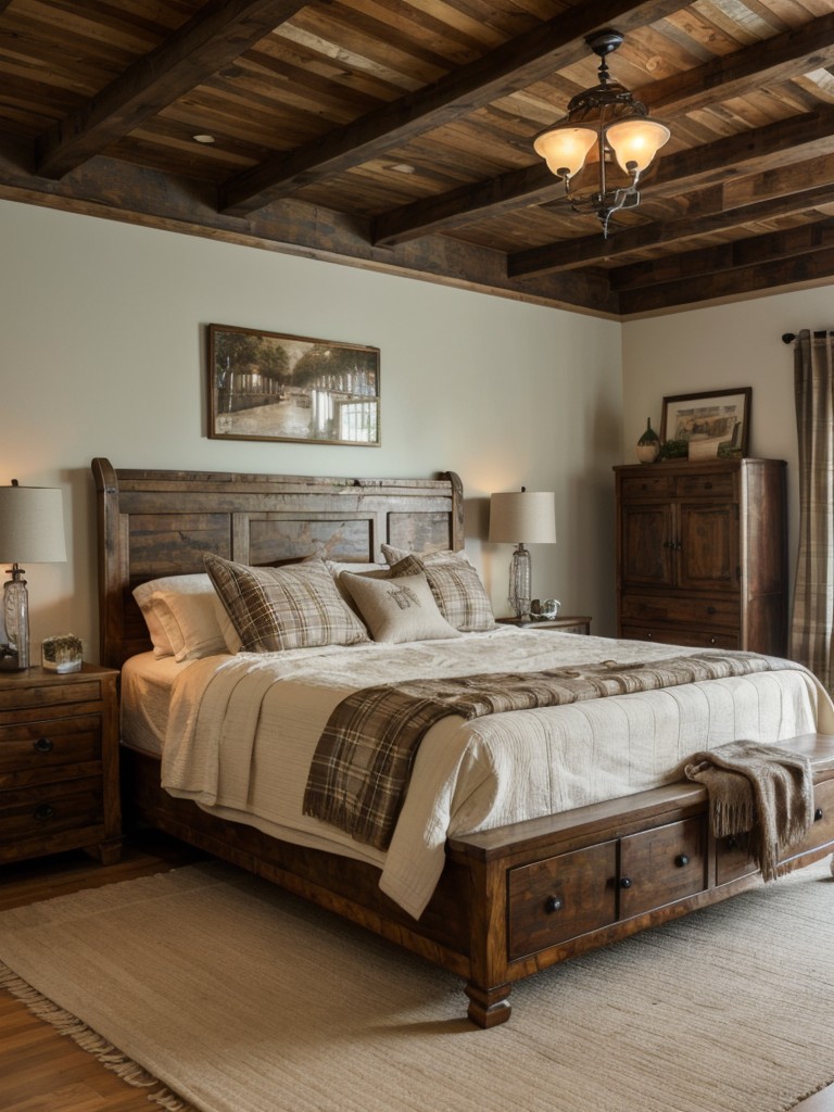 1920s Art Deco Bedroom: Rustic Chic with Distressed Wood & Plaid Accents