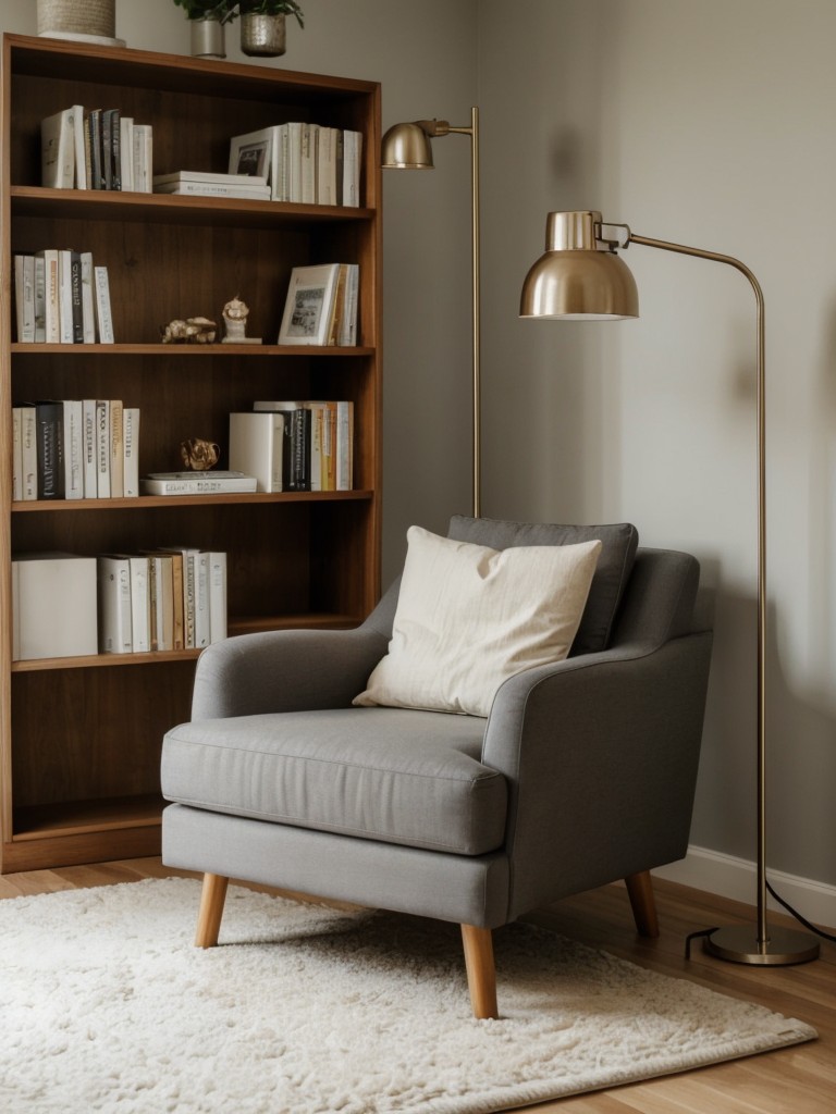 Cozy Bedroom Nook: Chair, Lamp, Bookshelf - Perfect for Reading