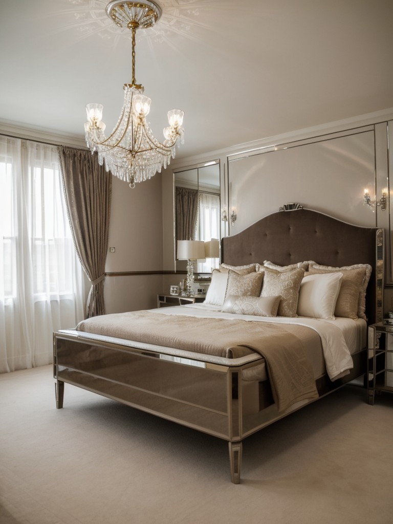 Create a Glamorous Art Deco Bedroom with Crystal Chandelier & Mirrored Furniture