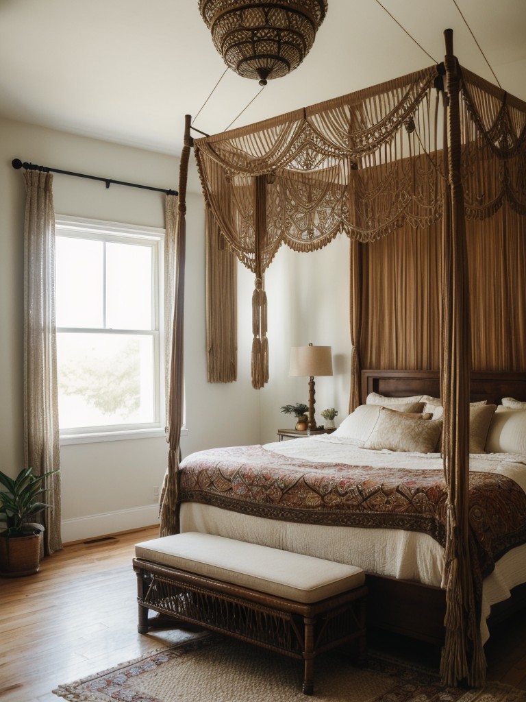 Timeless art deco vibes in your apartment! Bohemian paradise with macrame and canopy bed.