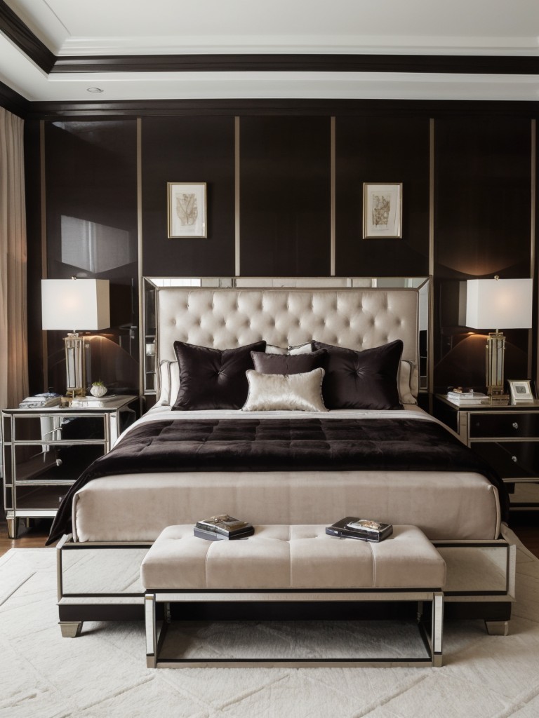 Art Deco Bedroom Magic: Luxe Velvet, Mirrored Nightstand & Tufted Headboard