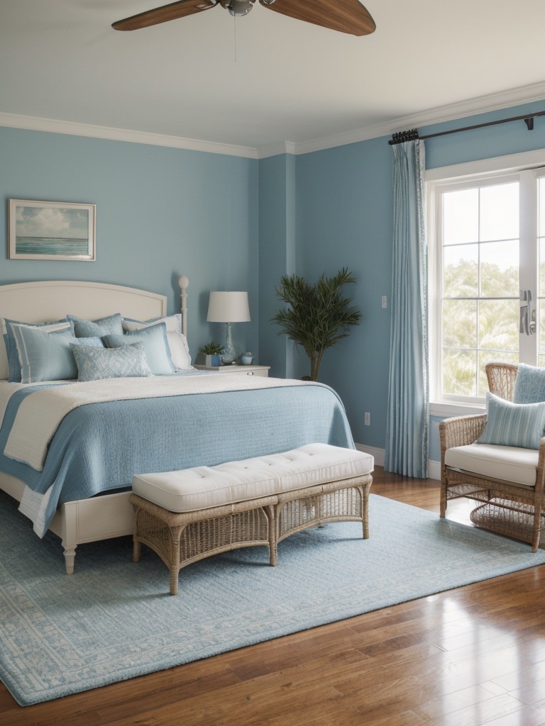 Coastal-inspired Art Deco bedroom: Soft blues, crisp whites & natural textures!