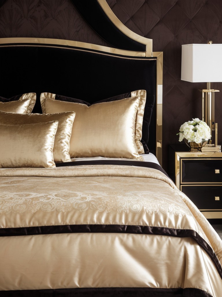 Art Deco-inspired bedroom: Luxe velvet headboard & metallic accents!