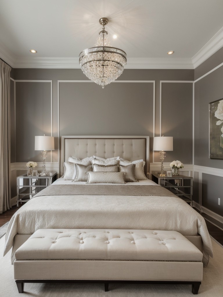 Art Deco Bedroom: Luxe Bedding, Tufted Frame, Crystal Chandeliers!