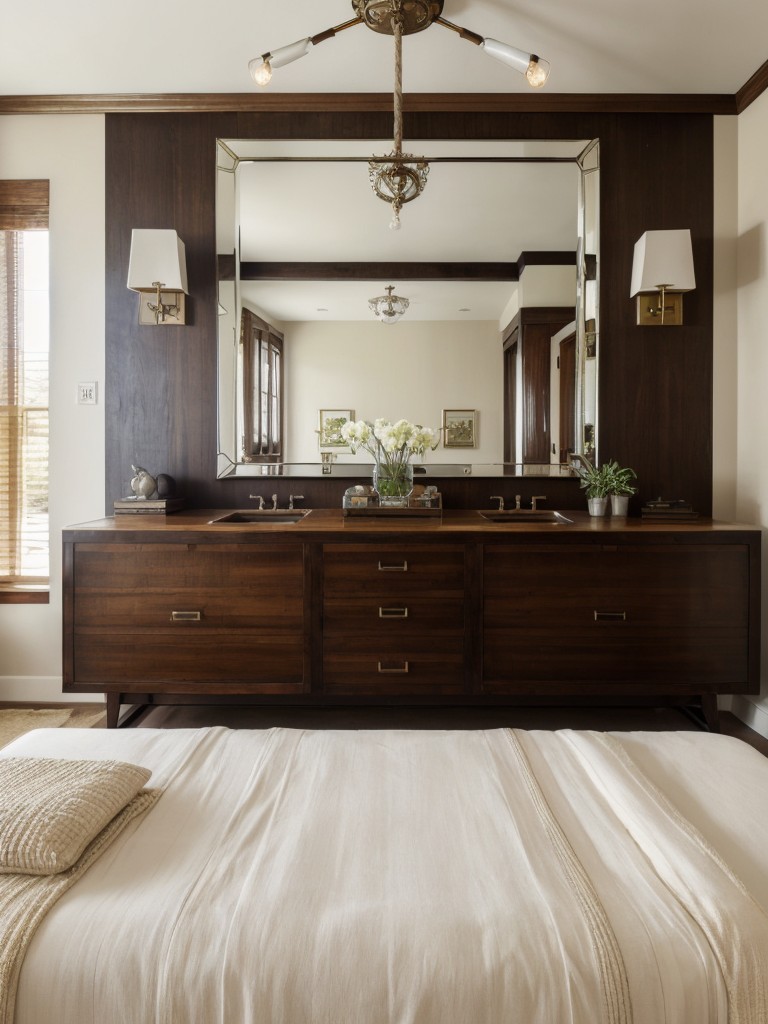 Vintage meets modern: Art Deco bedroom with stunning driftwood mirror and nautical chandelier.