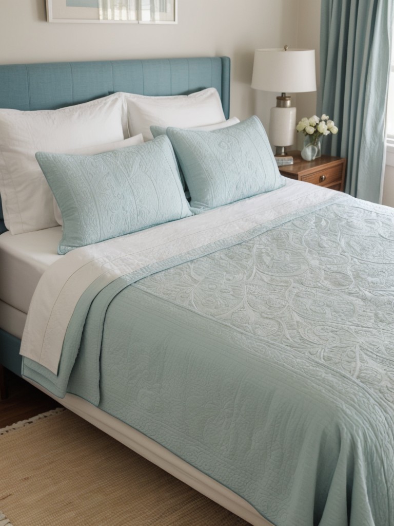 Coastal Art Deco Bedroom: Vintage meets modern with sea-inspired bedding.