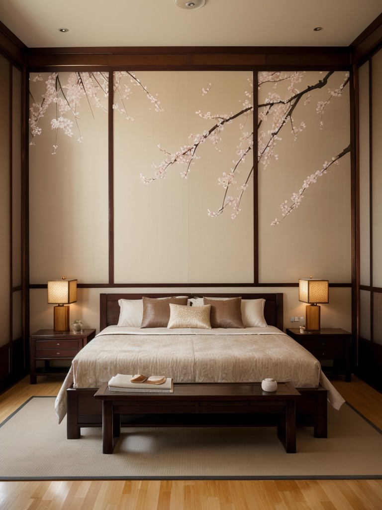 Serene Asian Bedroom Decor: Cherry Blossom & Bamboo Screens