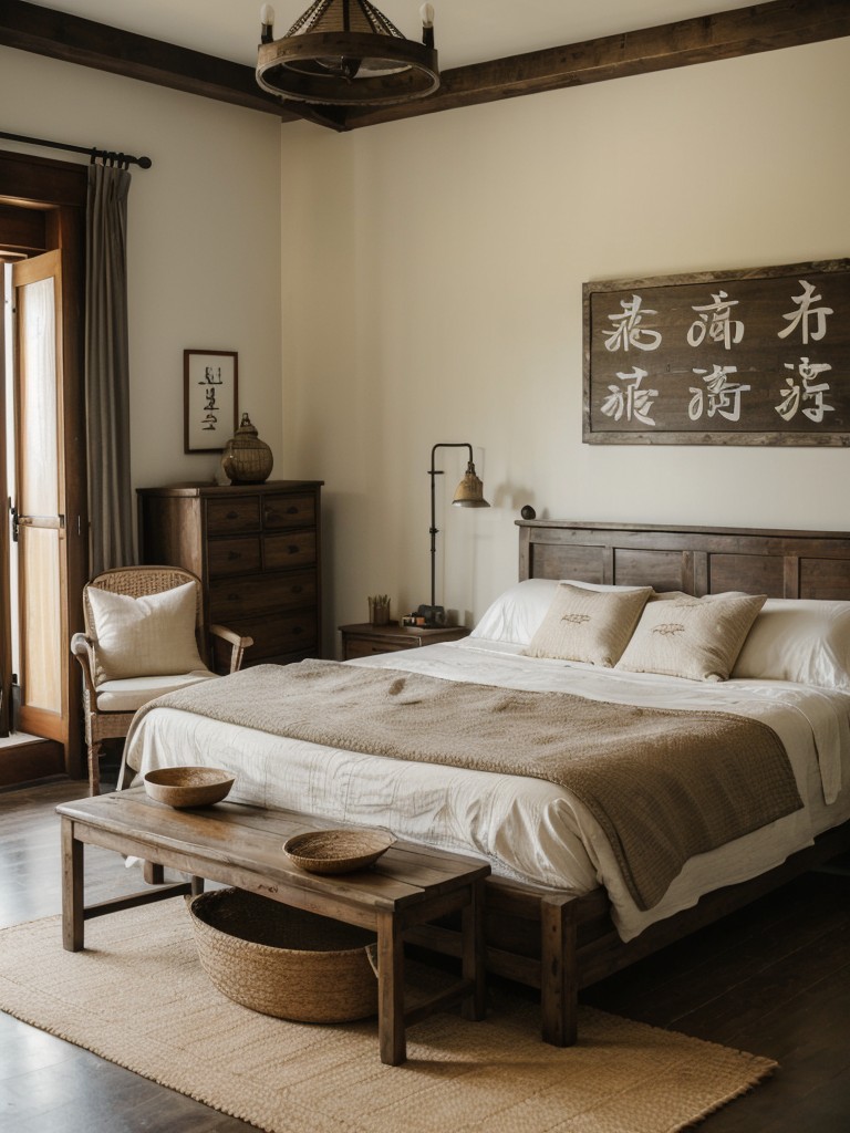 Farmhouse-inspired Asian bedroom decor: antique tools & vintage signs for a serene atmosphere