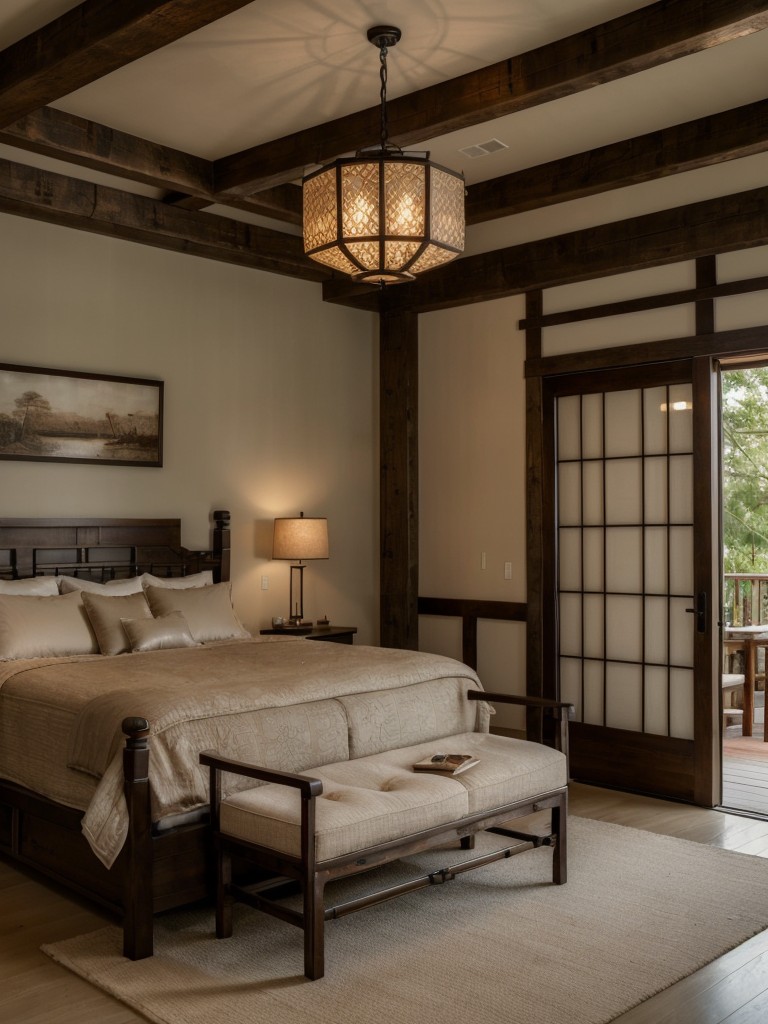 Vintage Asian Bedroom Decor: Rustic Lights for Serenity.