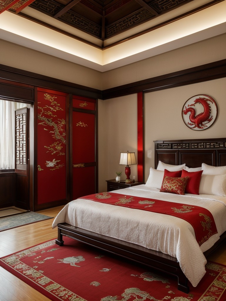 Serene Asian Bedroom: Embrace Tradition with Dragon Motifs & Red Accents