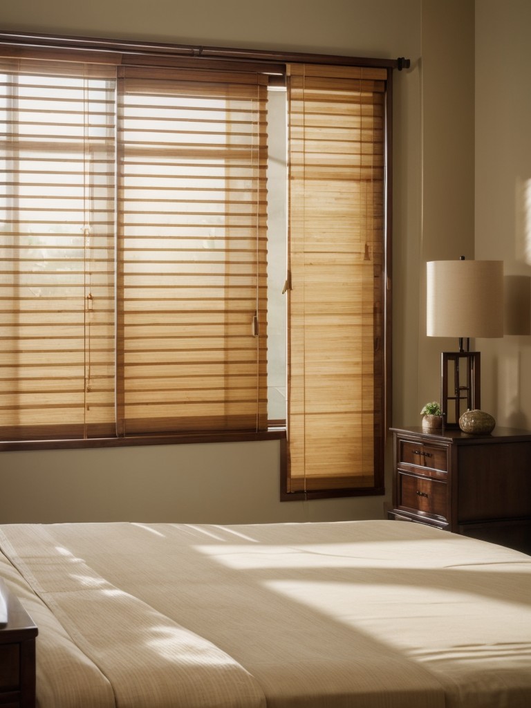 Serene Asian Bedroom: Create your own tranquil retreat with soft curtains & bamboo blinds!