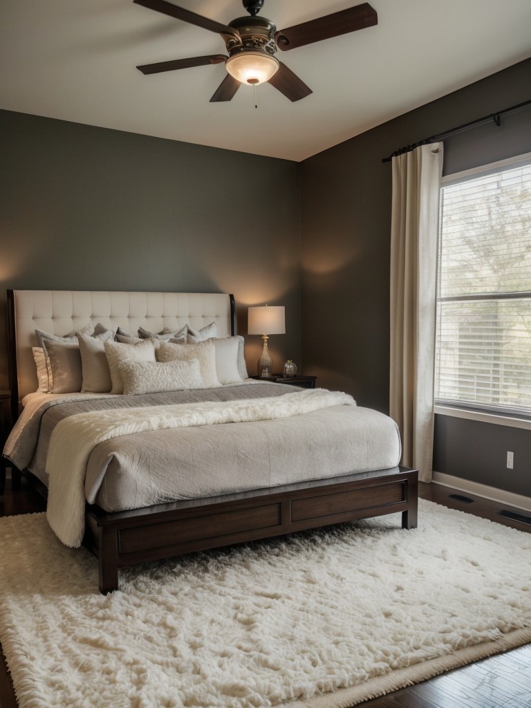 Cozy Asian-inspired bedroom: Plush bedding, fluffy rugs, and soft lighting!