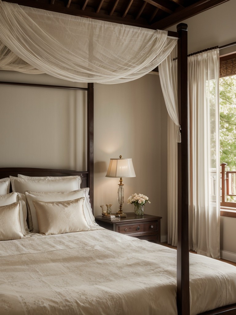 Romantic Asian Bedroom Décor: Soft Curtains, Canopy Bed & Delicate Lighting.