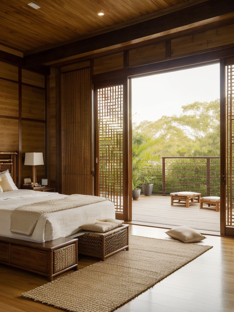 Create an Asian-inspired bedroom with eco-friendly materials like bamboo flooring.