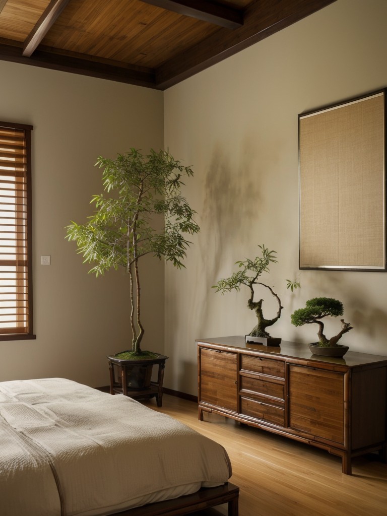 Serene Asian Vibes: Transform Your Bedroom with Bamboo Accents and Bonsai