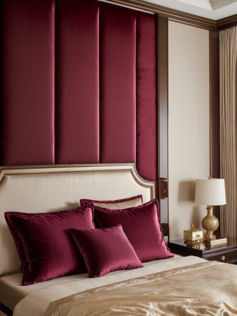 Opulent Asian-inspired bedroom: Transform your space with plush velvet headboard and satin bedding!