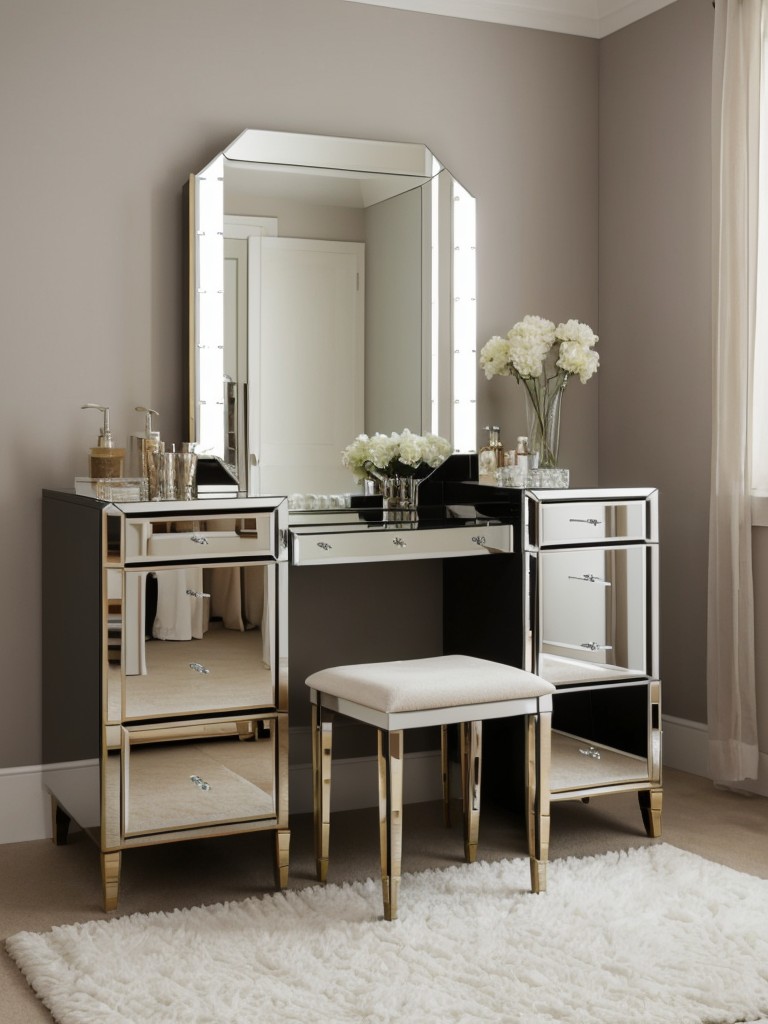 Sparkle up your apartment: Create a glam bedroom with a sleek vanity and Hollywood mirror!