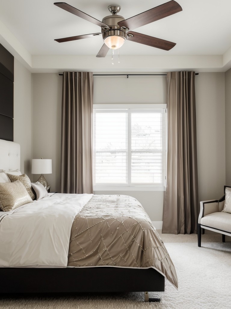 Sparkle up your apartment with a contemporary glam bedroom. Add a sleek statement ceiling fan!