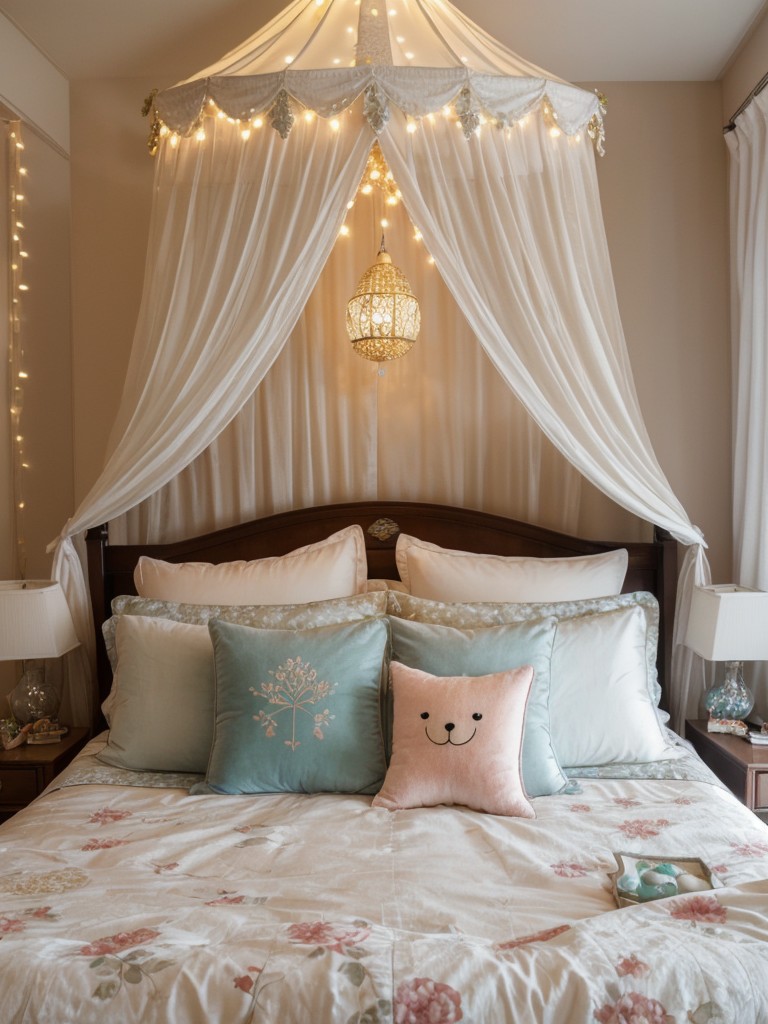 Magical Asian bedroom oasis: Canopy bed + fairy lights + plush toys = enchantment