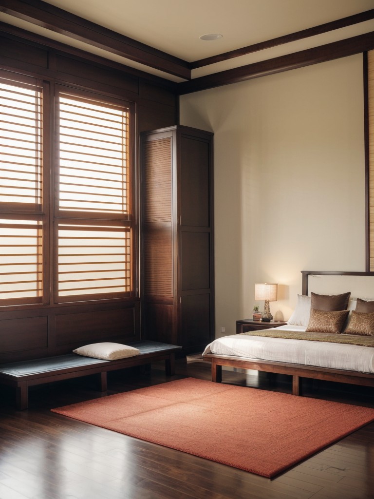 Create a serene Asian-inspired bedroom with floor cushions and low-seating options