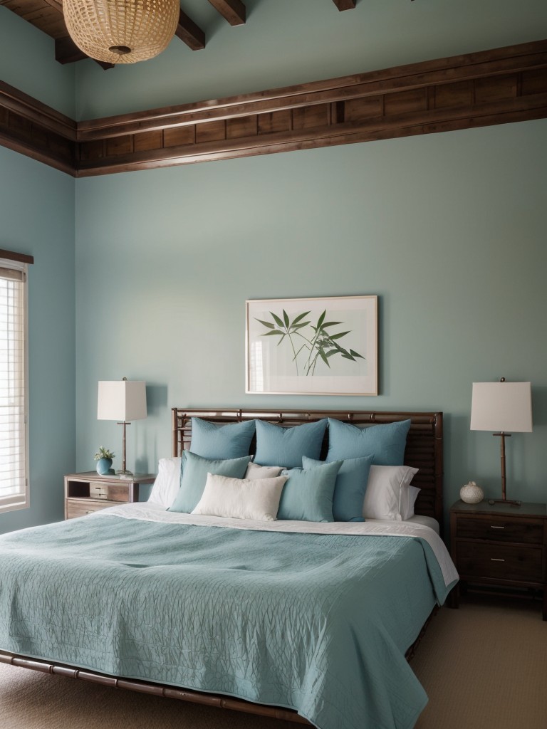 Tranquil Asian Bedroom Decor: Cool blues, greens & bamboo accents